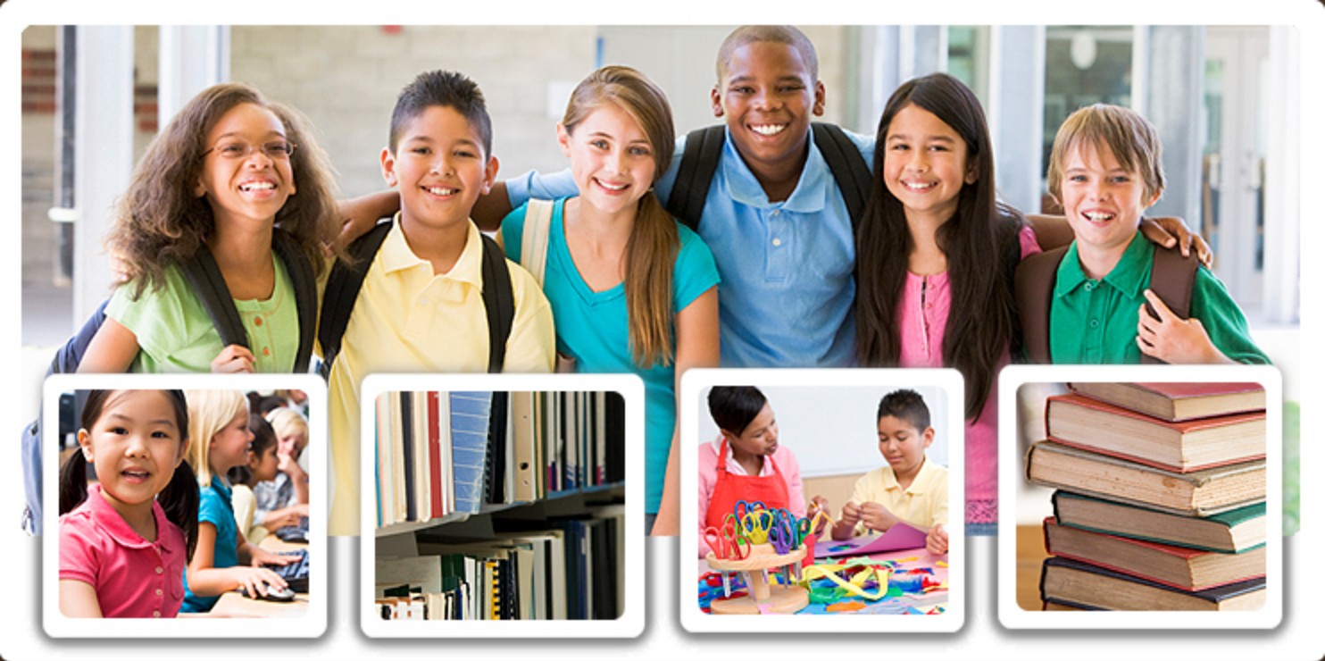 Smiling school children in a hallway, with photos of a girl at a computer, bookshelves, arts and crafts and a stack of books